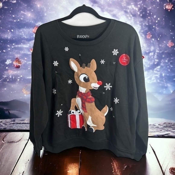 Rudolph Light Up Sweatshirt NWT XXL Red Nosed Reindeer Black Red Women’s - Picture 1 of 6
